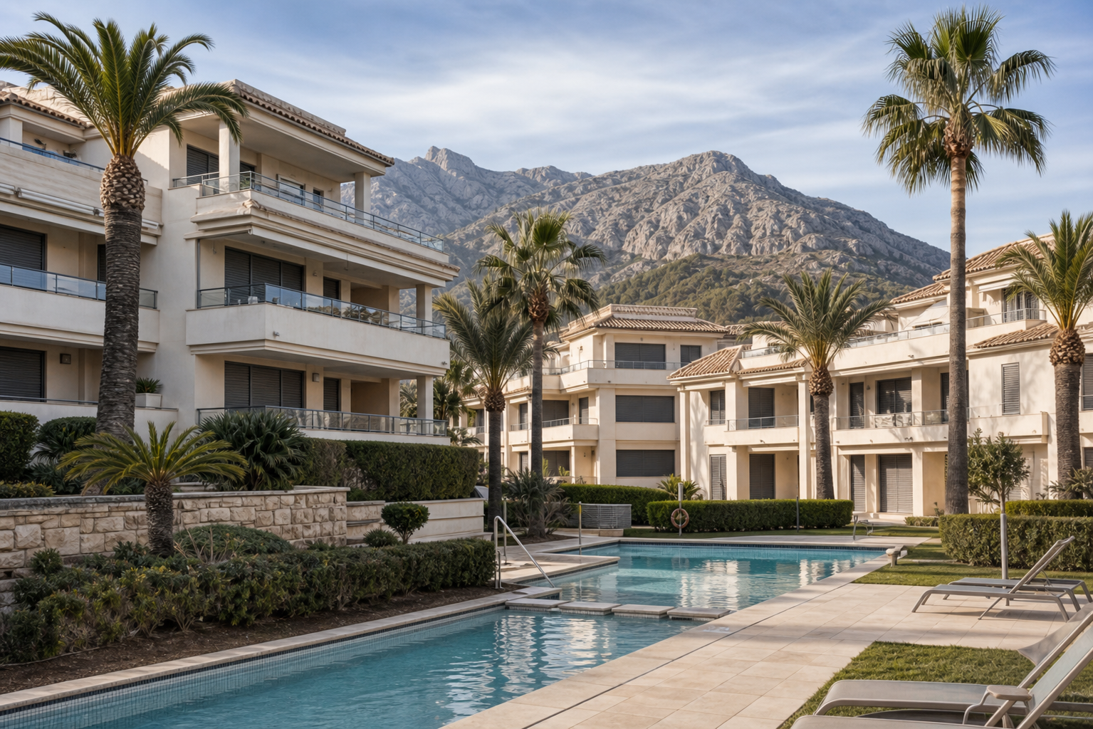 Красивая урбанизация с бассейном и пальмами